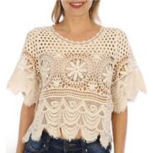 Rebellion Boho Crochet Crop Top Womens Small Short Sleeve Cottagecore Cotton Y2K